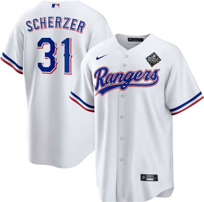 Men's Texas Rangers #31 Max Scherzer 2023 White World Series Stitched Baseball Jersey Dzhi